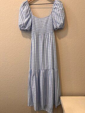 Light Blue Gingham Long Dress with Square Neck New with Tags Women's size Small